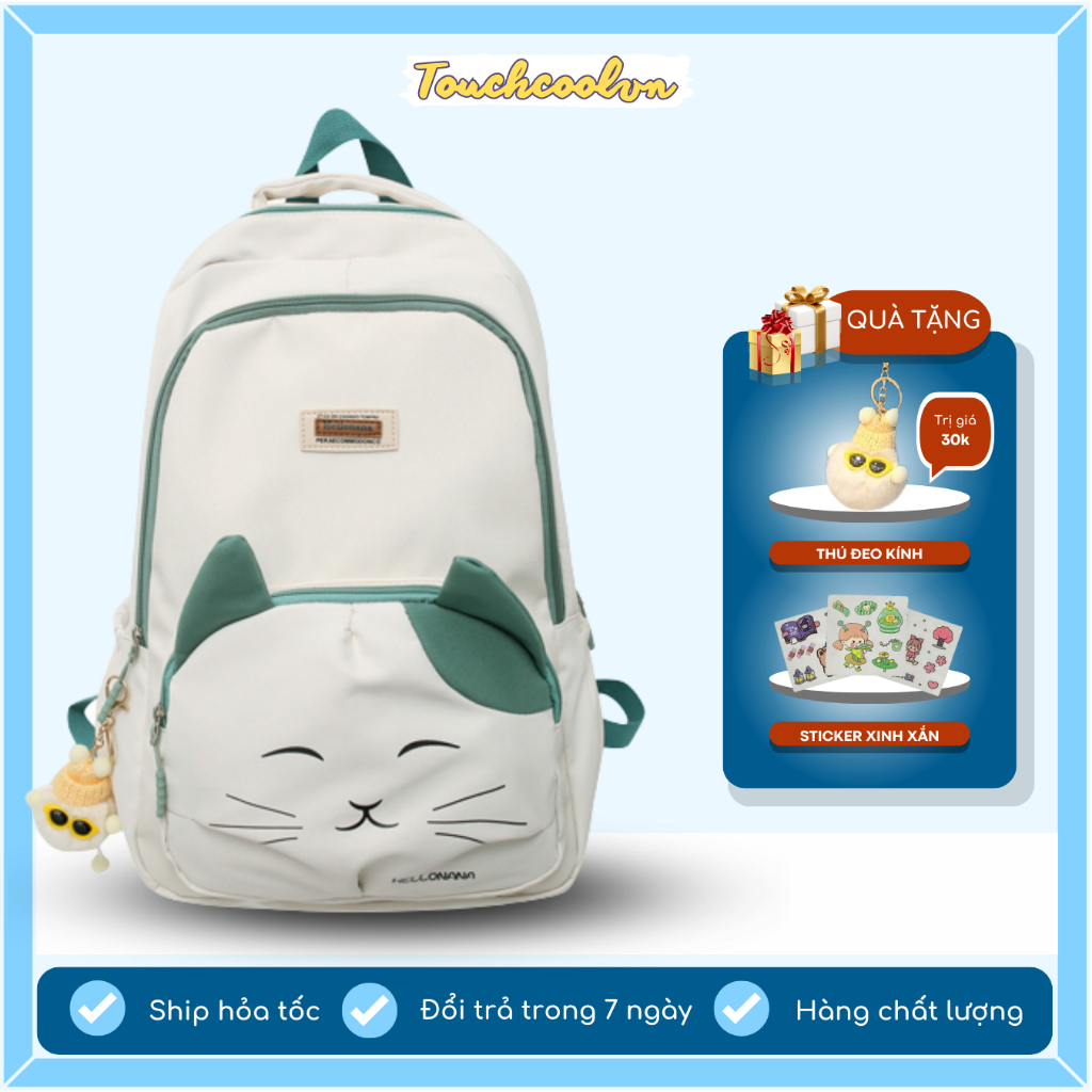 Balo đi học cho nữ hình mèo phong cách Hàn Quốc dễ thương, đáng yêu (Qùa tặng móc khóa thú đeo kính) TOUCHCOOLVN B154