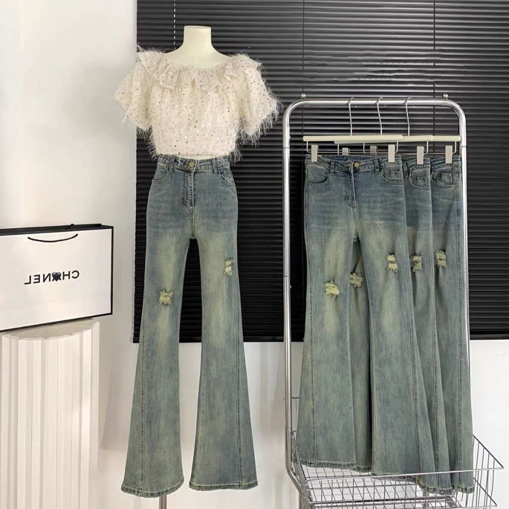 Quần bò ống loe rách đùi , Quần jean bò loe rách đùi lưng cao màu xanh hơi mài trước Dáng đẹp DC 24