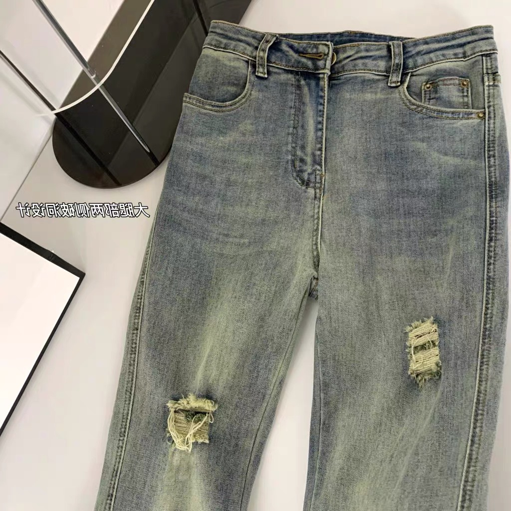 Quần bò ống loe rách đùi , Quần jean bò loe rách đùi lưng cao màu xanh hơi mài trước Dáng đẹp DC 24