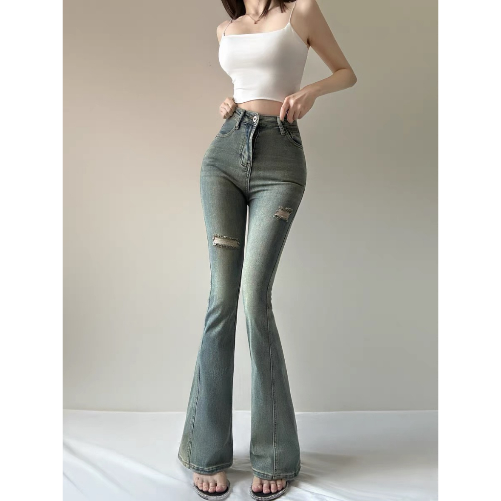 Quần bò ống loe rách đùi , Quần jean bò loe rách đùi lưng cao màu xanh hơi mài trước Dáng đẹp DC 24