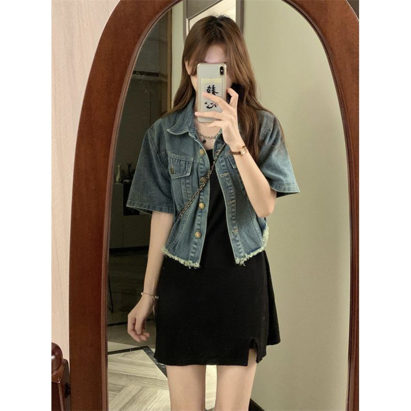 Áo khoác jean mỏng ngắn tay y2k, áo bò tay ngắn dáng rộng denim jacket J40