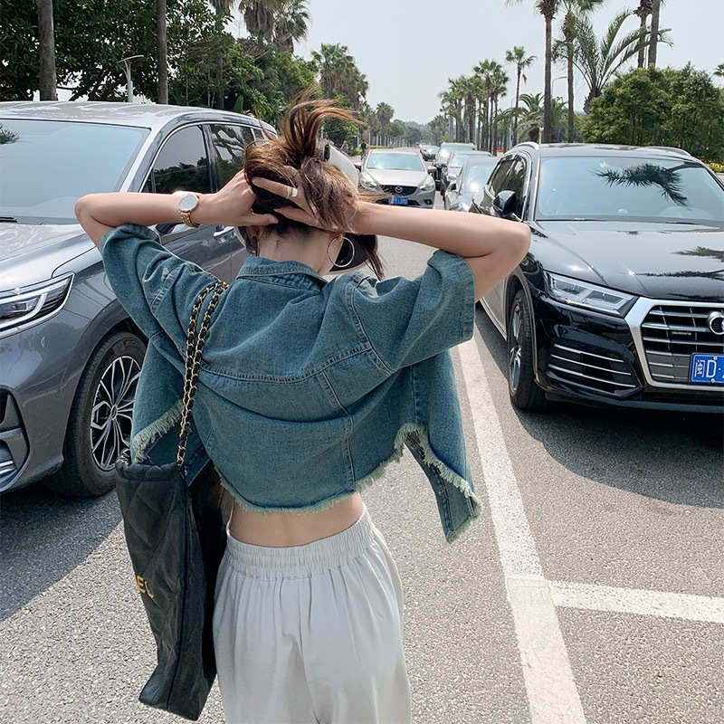 Áo khoác jean mỏng ngắn tay y2k, áo bò tay ngắn dáng rộng denim jacket J40