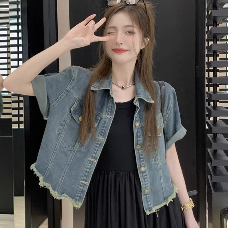 Áo khoác jean mỏng ngắn tay y2k, áo bò tay ngắn dáng rộng denim jacket J40