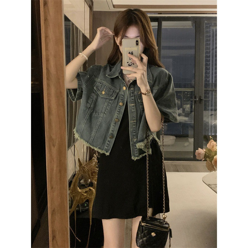 Áo khoác jean mỏng ngắn tay y2k, áo bò tay ngắn dáng rộng denim jacket J40