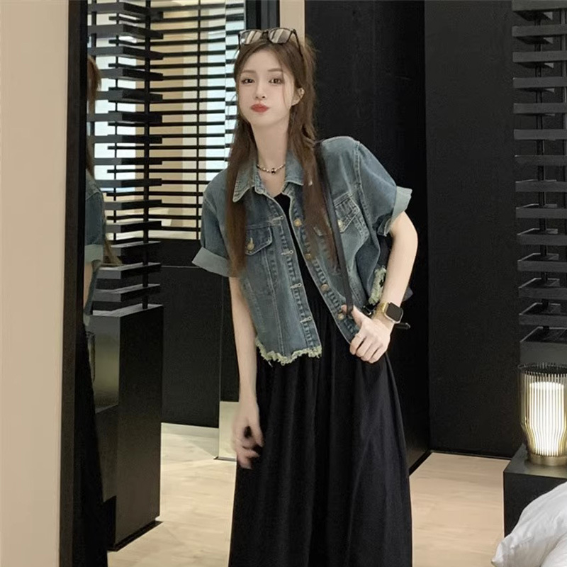 Áo khoác jean mỏng ngắn tay y2k, áo bò tay ngắn dáng rộng denim jacket J40