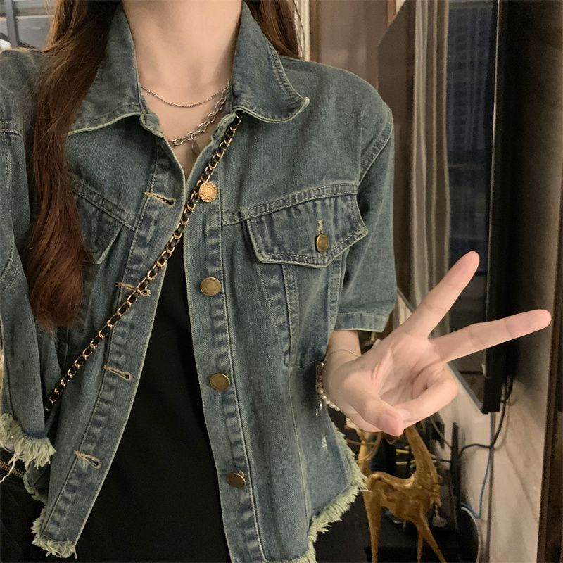 Áo khoác jean mỏng ngắn tay y2k, áo bò tay ngắn dáng rộng denim jacket J40