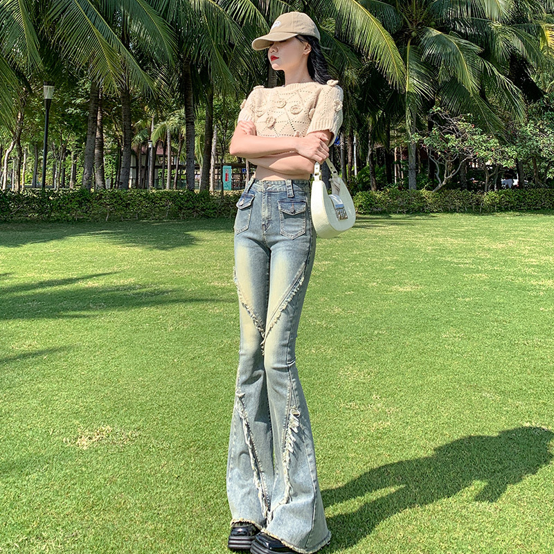 Quần jean dài ống loe lưng cao y2k, quần bò thời trang phong cách retro J39