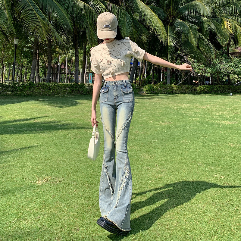 Quần jean dài ống loe lưng cao y2k, quần bò thời trang phong cách retro J39