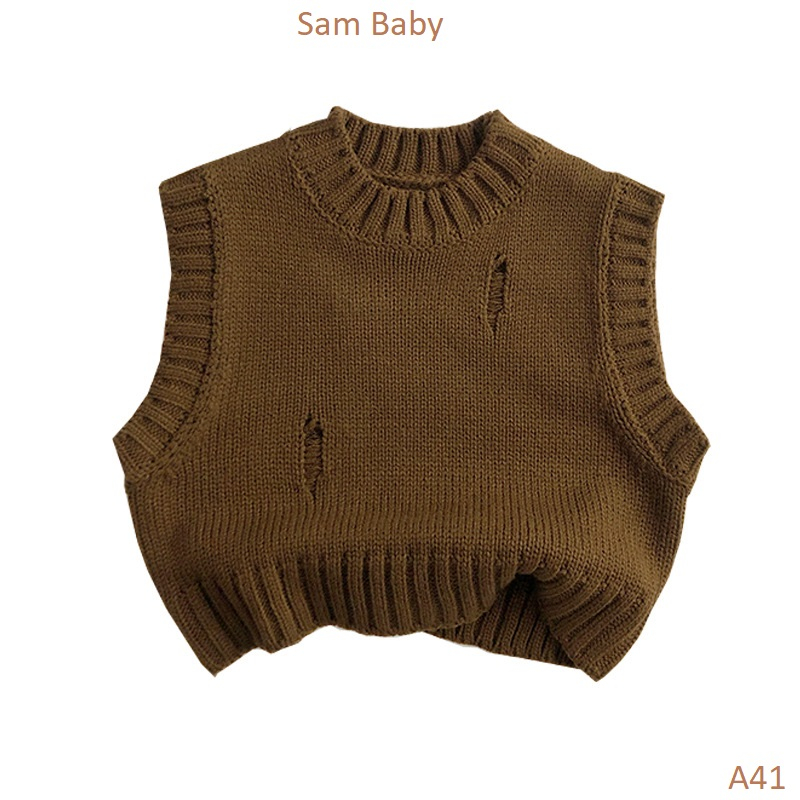 Áo gile len cổ tròn trơn rách cá tính cho bé-Sam Baby-A41