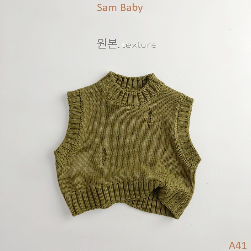 Áo gile len cổ tròn trơn rách cá tính cho bé-Sam Baby-A41