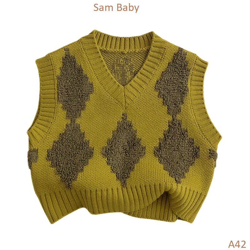 Áo gile len Retro cổ tim hình trám nổi cho bé-Sam baby-A42