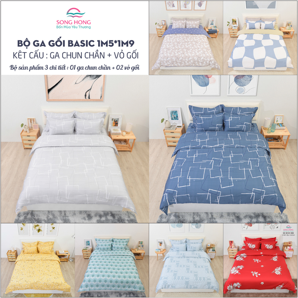 ✔️ Bộ Ga Gối 1m5x1m9m, ga chun chần bông - Dòng Basic -  Chất Cotton - Sông Hồng Chính Hãng- Mẫu mã chất lượng bền đẹp.