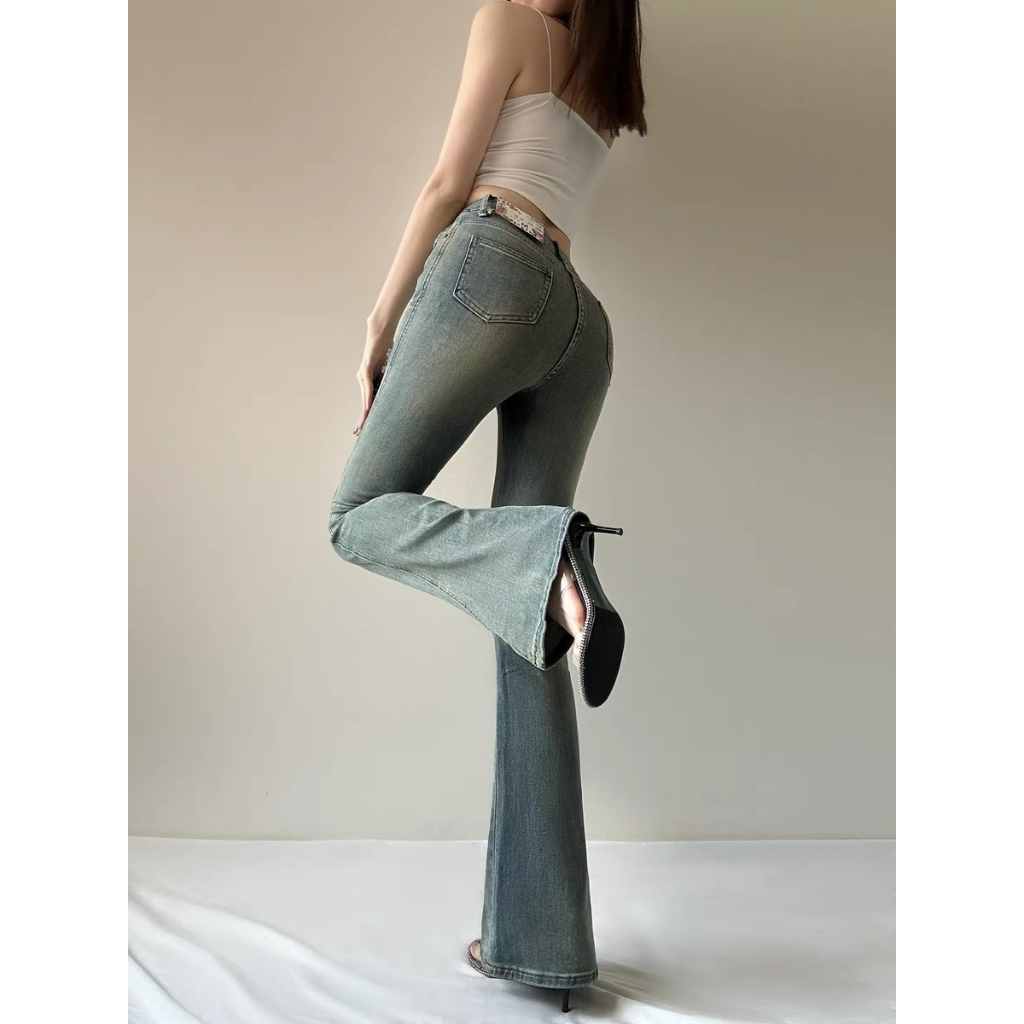 Quần bò ống loe rách đùi , Quần jean bò loe rách đùi lưng cao màu xanh hơi mài trước Dáng đẹp DC 24