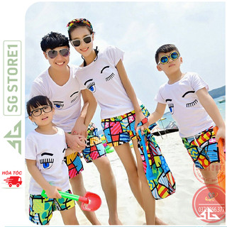 Đồ đi biển gia đình nguyên set gồm áo thun và quần họa tiết nổi bật đủ size cho bé trai gái DDB19
