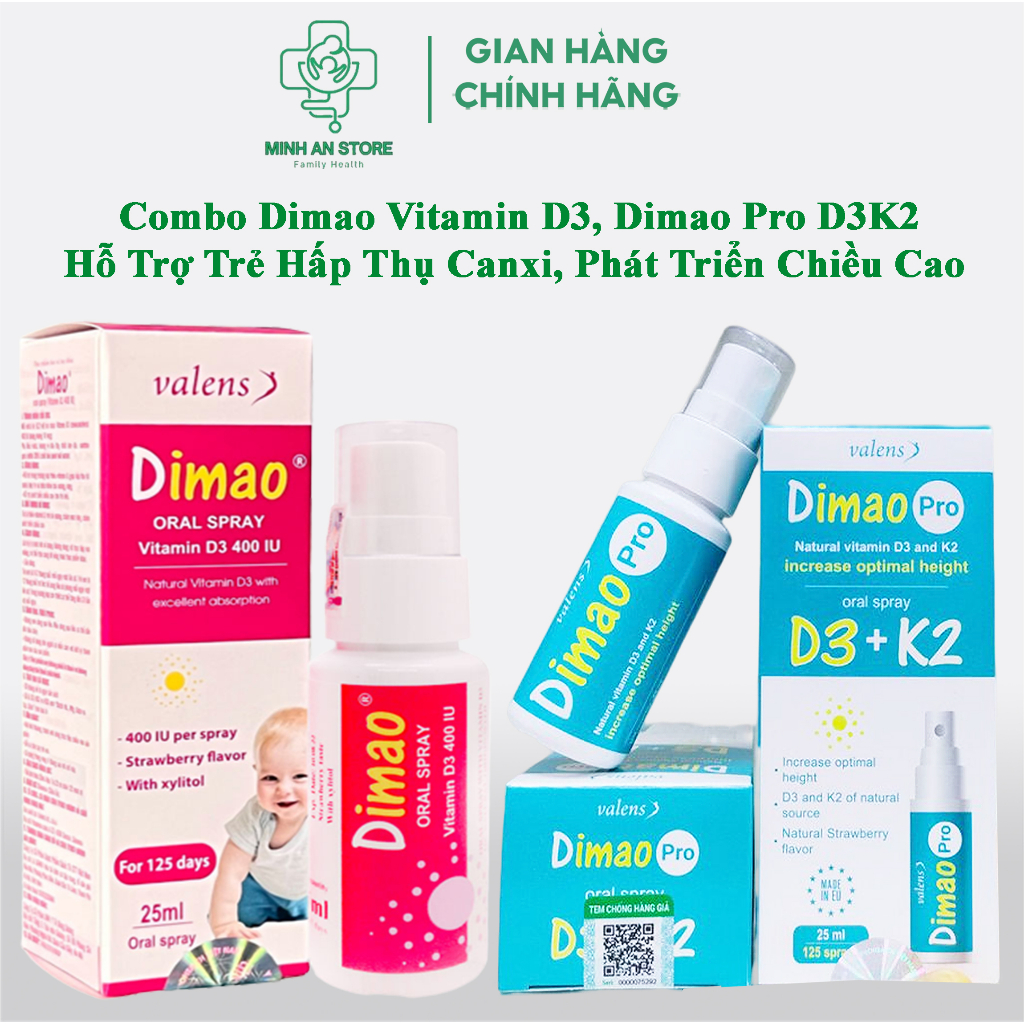 Combo D3 K2 Dimao Pro Oral Spray Dạng Xịt, Hỗ Trợ Hấp Thu Canxi Tối Đa, Giúp Trẻ Tăng Chiều Cao, 25ml