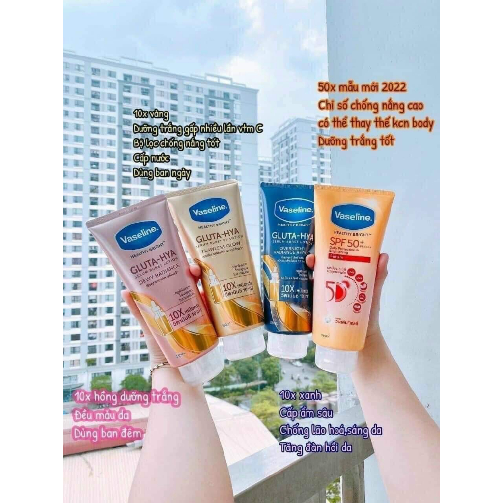 Dưỡng thể Vaseline Healthy Bright Gluta Hya Serum Burst Lotion 10X trắng da mờ nám hiệu quả