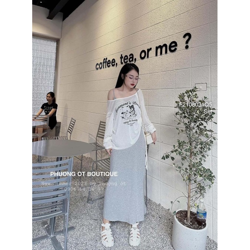 Set áo thun tay dài rút dây in hình mèo kèm đầm maxi sang trọng VIENS STORE