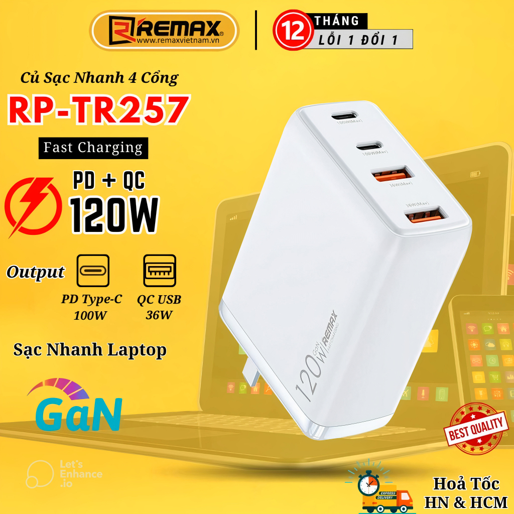Củ Sạc Nhanh 4 Cổng GaN 120W - Sạc Cho Laptop - Remax Việt Nam TR-257 Remax Bảo Hành 12 tháng 1 đổi 1