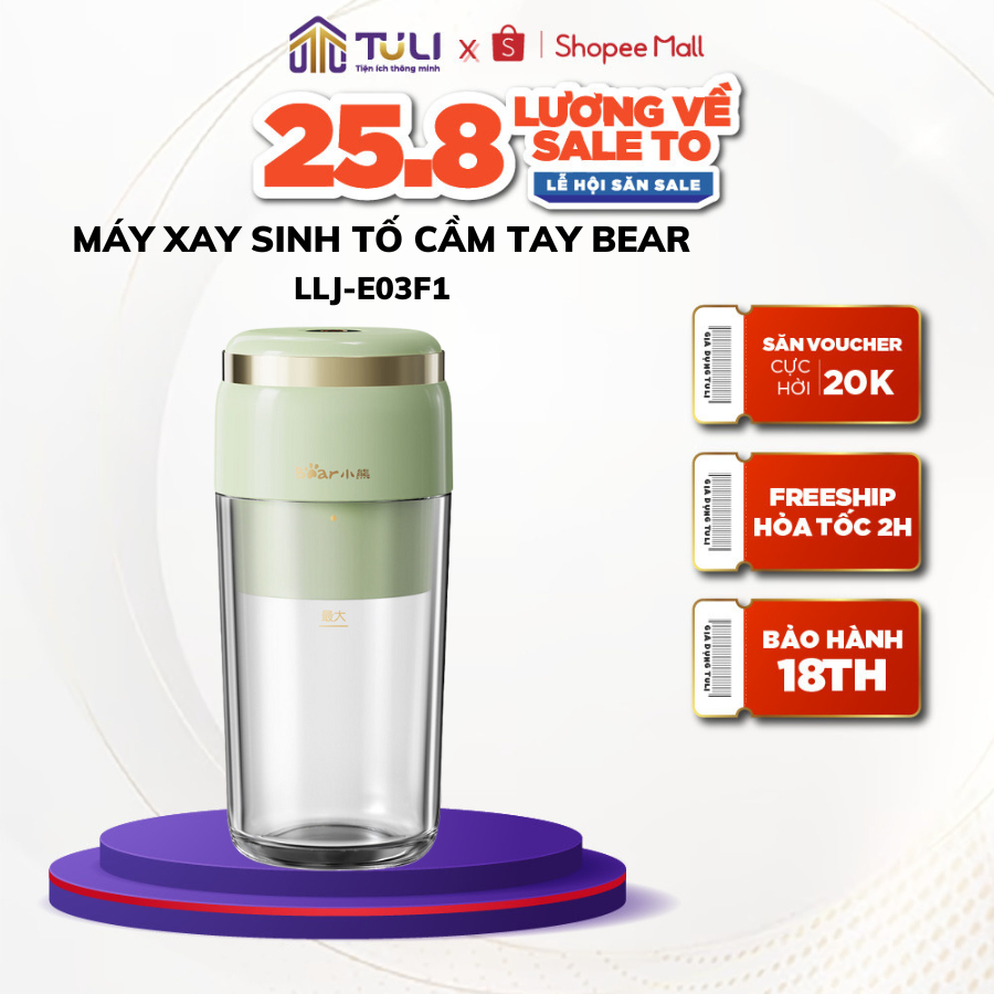 Máy xay sinh tố cầm tay BEAR LLJ-E03F1/Q04H6/Q03H7/Q04B5, 6 lưỡi, xay được đá, 300ml,50W, dễ mang đi, BH 18 tháng, TULI