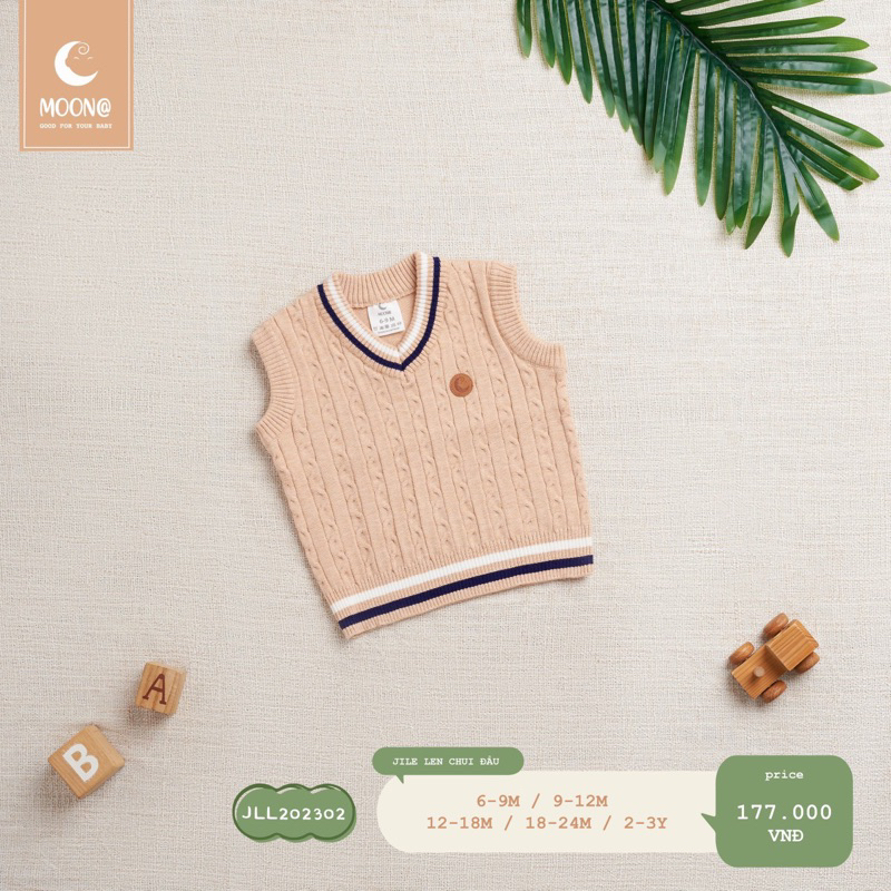 Áo gile len lông cừu cổ tim dày Moon cho bé trai