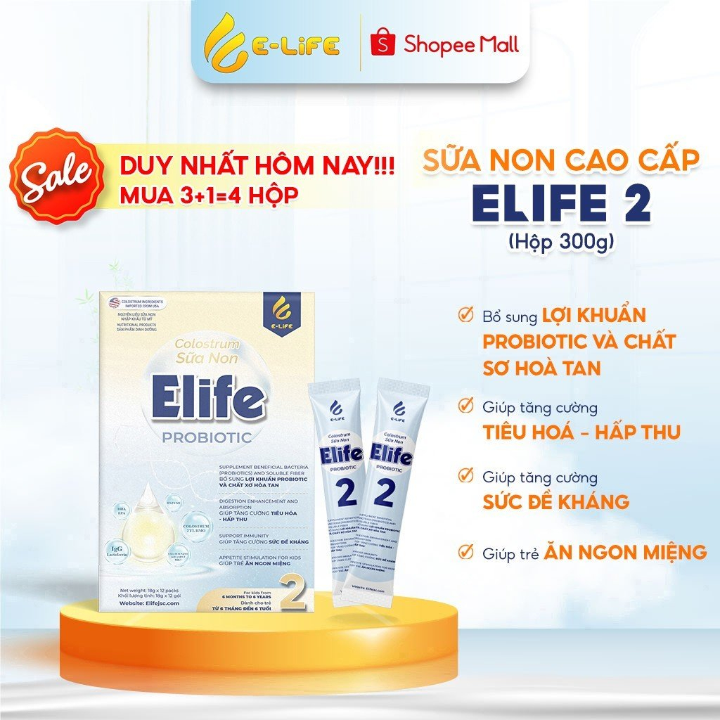 Sữa non cho trẻ từ 1 - 6 tuổi Elife 2 Probiotic giúp tăng cân, hết biếng ăn, thấp còi, tiêu hóa kém hộp 12 gói 18g