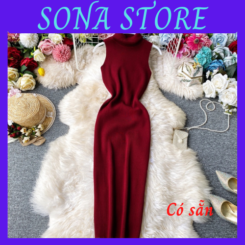 Váy body len dệt kim dáng dài cổ lọ không tay đầm ôm nữ sexy gợi cảm sang chảnh tiểu thư bánh bèo cute hàng quảng châu