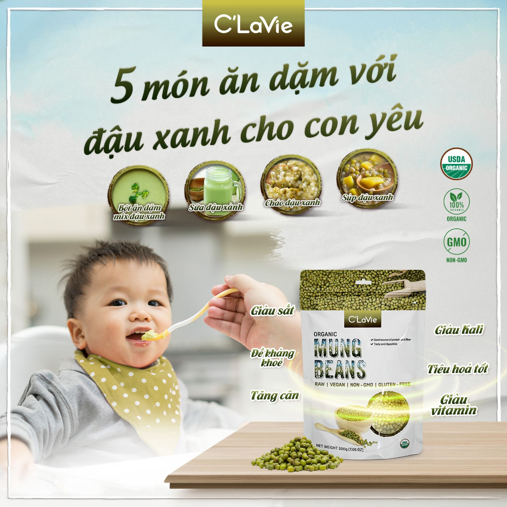Đậu xanh hữu cơ giàu dinh dưỡng gói 200g tiện dụng
