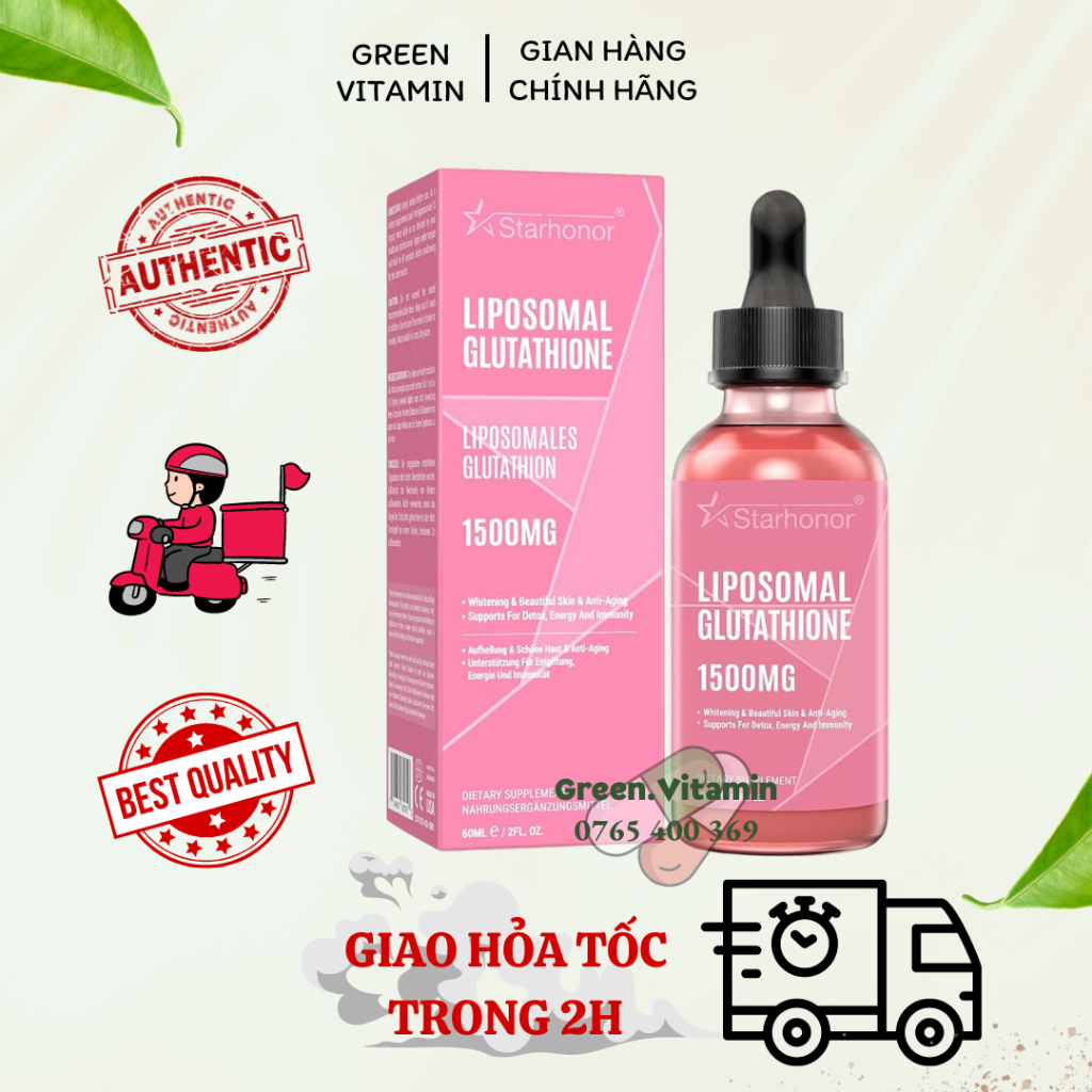 Starehonorr Liposomal Glutathione dạng lỏng giúp chống oxy hóa, trắng da và tăng cường giải độc gan 1500mg 60ml