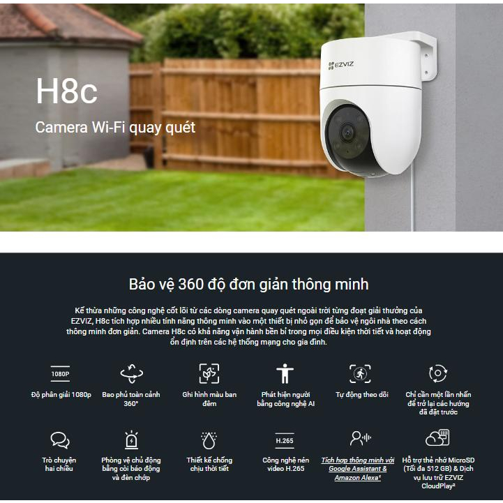H8C 2MP | Camera quay quét 360, đàm thoại 2 chiều, tích hợp còi hú và đèn chớp chính hãng Ezviz, ngoài trời, bảo hành 24