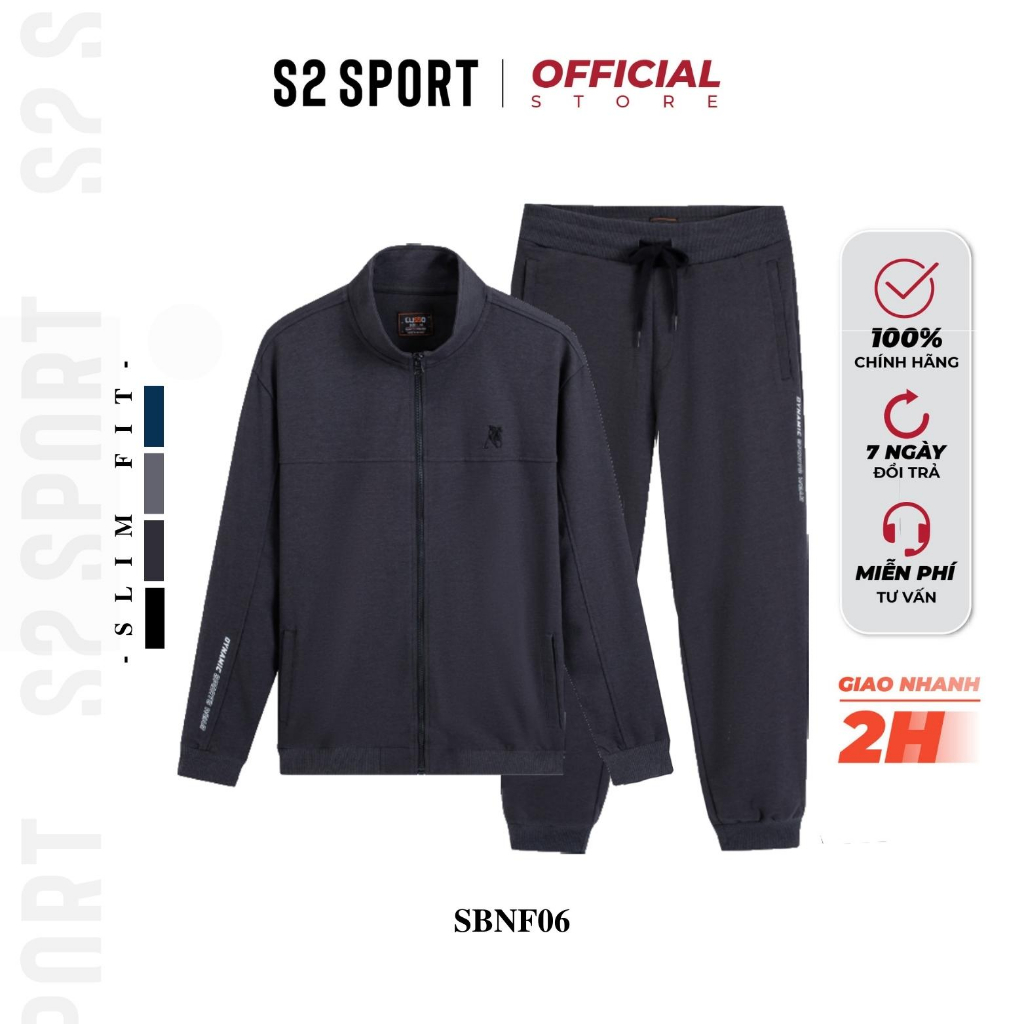 Bộ quần áo nỉ zip nam S2 SPORT SBNF06 áo sweater cổ tròn dài tay cotton USA thêu hình nổi quần jogger cạp chun thể thao