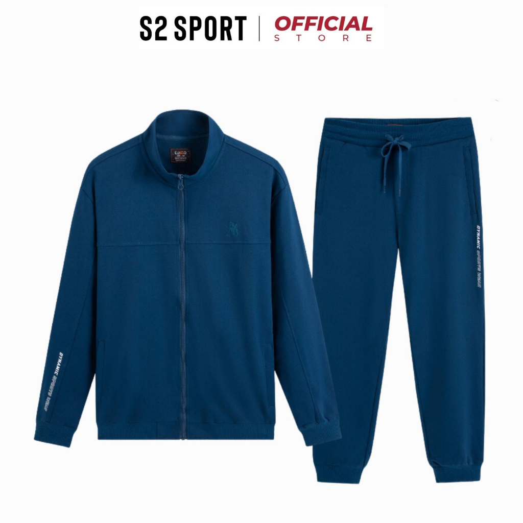 Bộ quần áo nỉ zip nam S2 SPORT SBNF06 áo sweater cổ tròn dài tay cotton USA thêu hình nổi quần jogger cạp chun thể thao