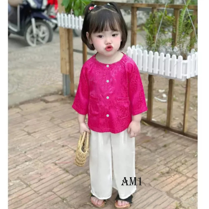 Áo bà ba dài tay vải gấm lụa TTR371 và Quần dài cho bé gái TTR372