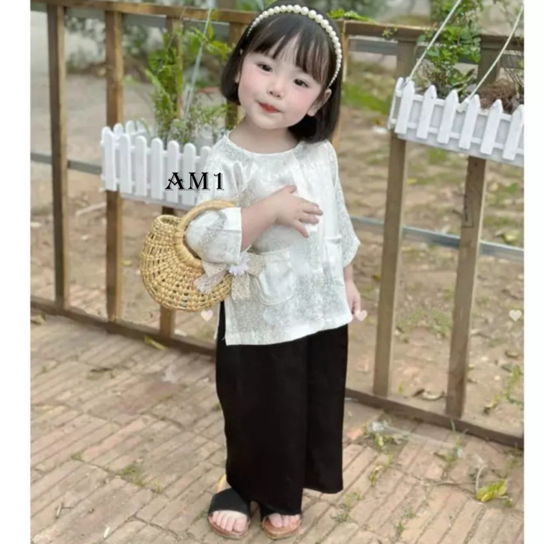 Áo bà ba dài tay vải gấm lụa TTR371 và Quần dài cho bé gái TTR372