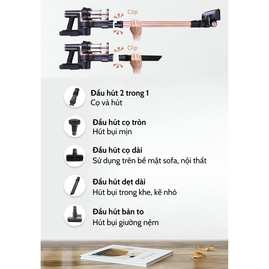 Máy hút bụi Guchy thế hệ mới ứng dụng công nghệ lốc xoáy,kèm nhiều đầu hút, máy hút bụi không dây, pin tháo rời