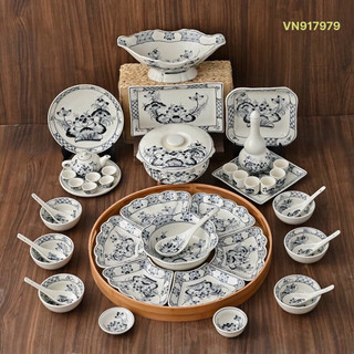 Trọn bộ bát đĩa sen tràm ĐK45cm, họa tiết vẽ tay. Sứ Bát Tràng