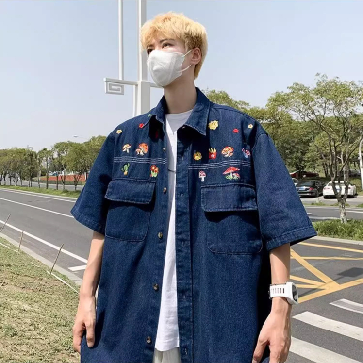 SẴN Áo sơ mi denim thêu hoa có cổ polo oversize dáng rộng màu jeans bò đậm có túi khuy cúc xinh style âu mỹ
