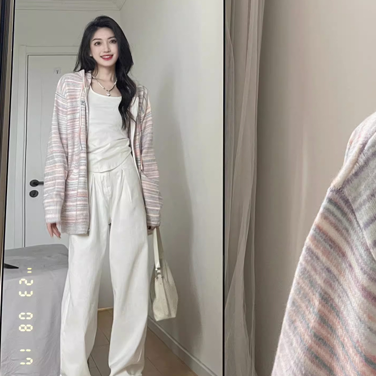 Áo len cardigan hoodie có mũ khoá kéo sọc ngang nhiều màu tươi thêu logo hiphop thu đông đường phố