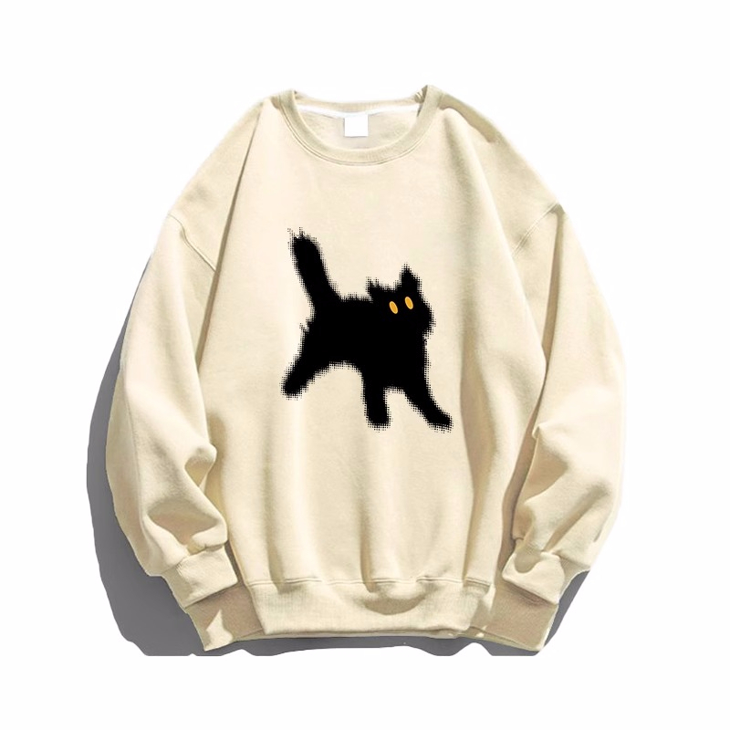 Áo sweater nữ ulzzang dài tay cổ tròn màu be trà sữa hoạ tiết mèo đen ngầu đường phố tay bo gấu dáng oversize