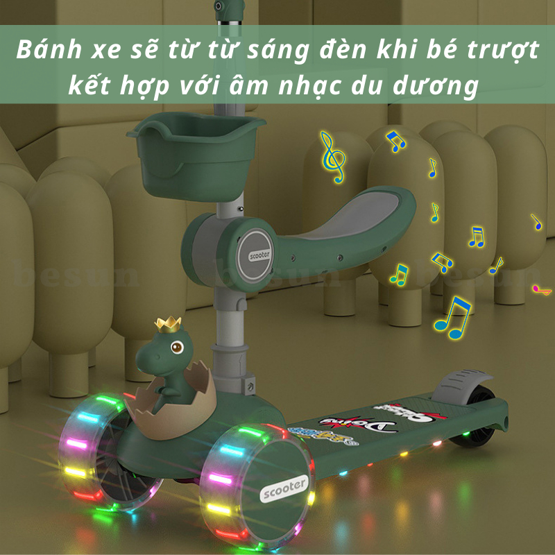 Xe trượt cho bé BESUN xe trượt 3 bánh gấp gọn có nhạc đèn phát sáng cao cấp hình Khủng Long