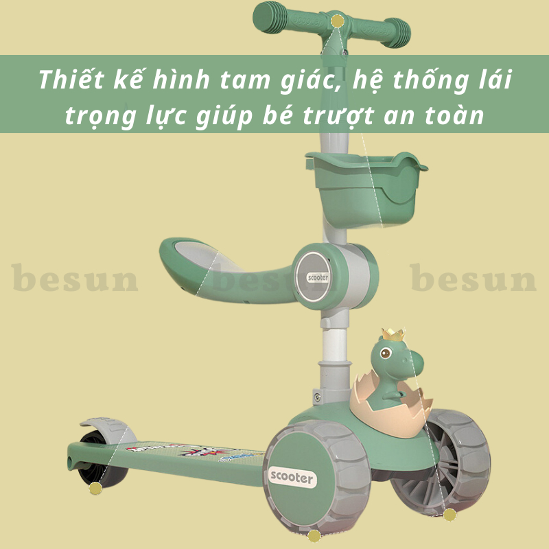 Xe trượt cho bé BESUN xe trượt 3 bánh gấp gọn có nhạc đèn phát sáng cao cấp hình Khủng Long