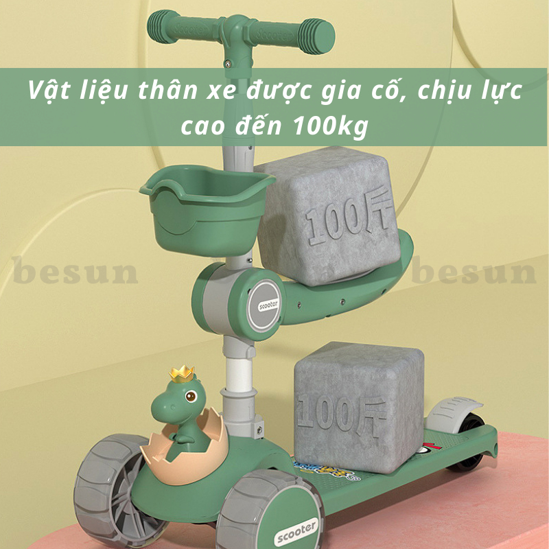 Xe trượt cho bé BESUN xe trượt 3 bánh gấp gọn có nhạc đèn phát sáng cao cấp hình Khủng Long