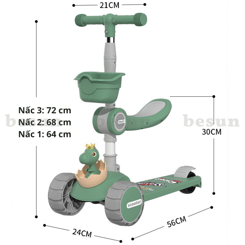 Xe trượt cho bé BESUN xe trượt 3 bánh gấp gọn có nhạc đèn phát sáng cao cấp hình Khủng Long