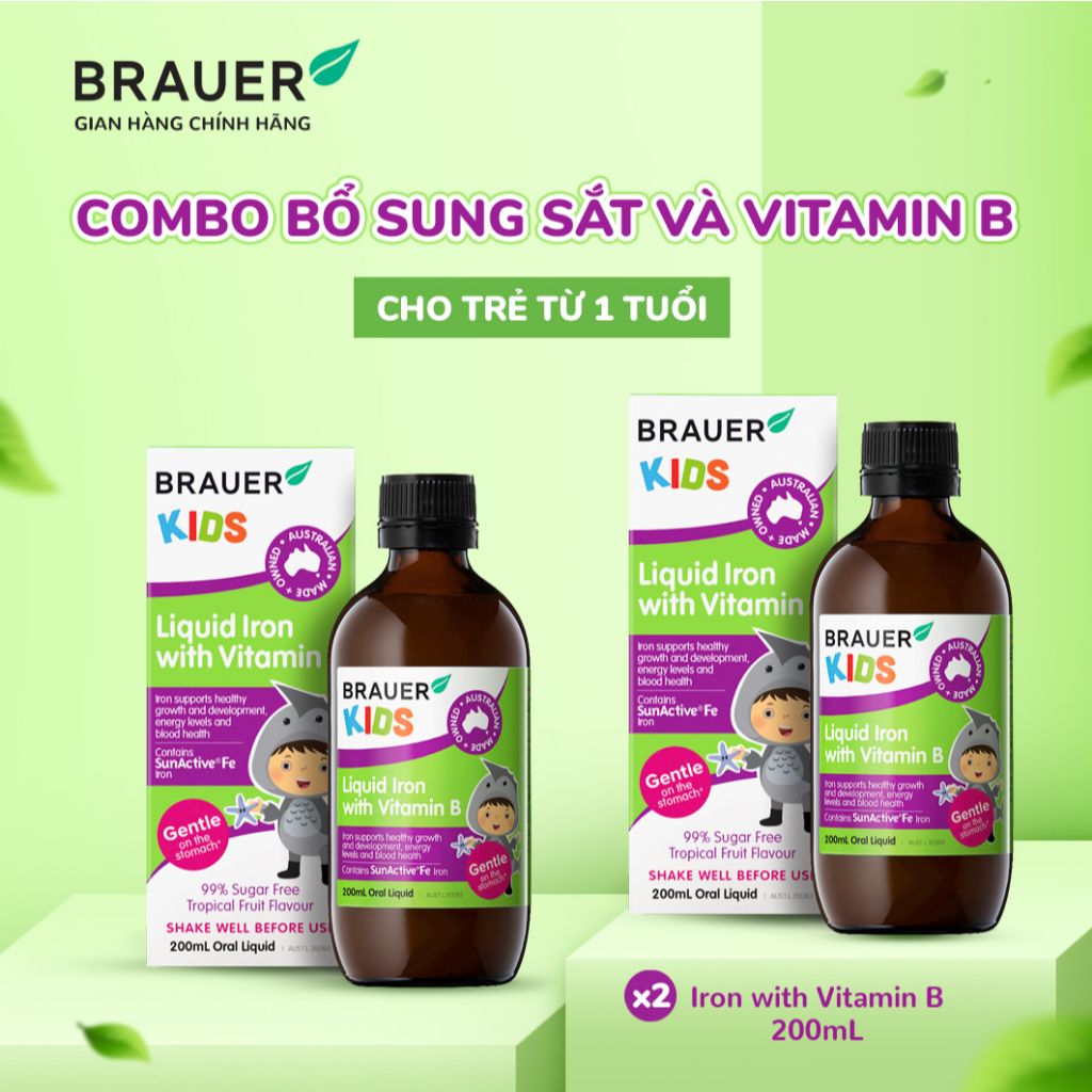 Combo 2 IronB - Brauer Kids Liquid Iron with vitamin B bổ sung Sắt và vitamin B cho trẻ từ 1 tuổi (200ml)