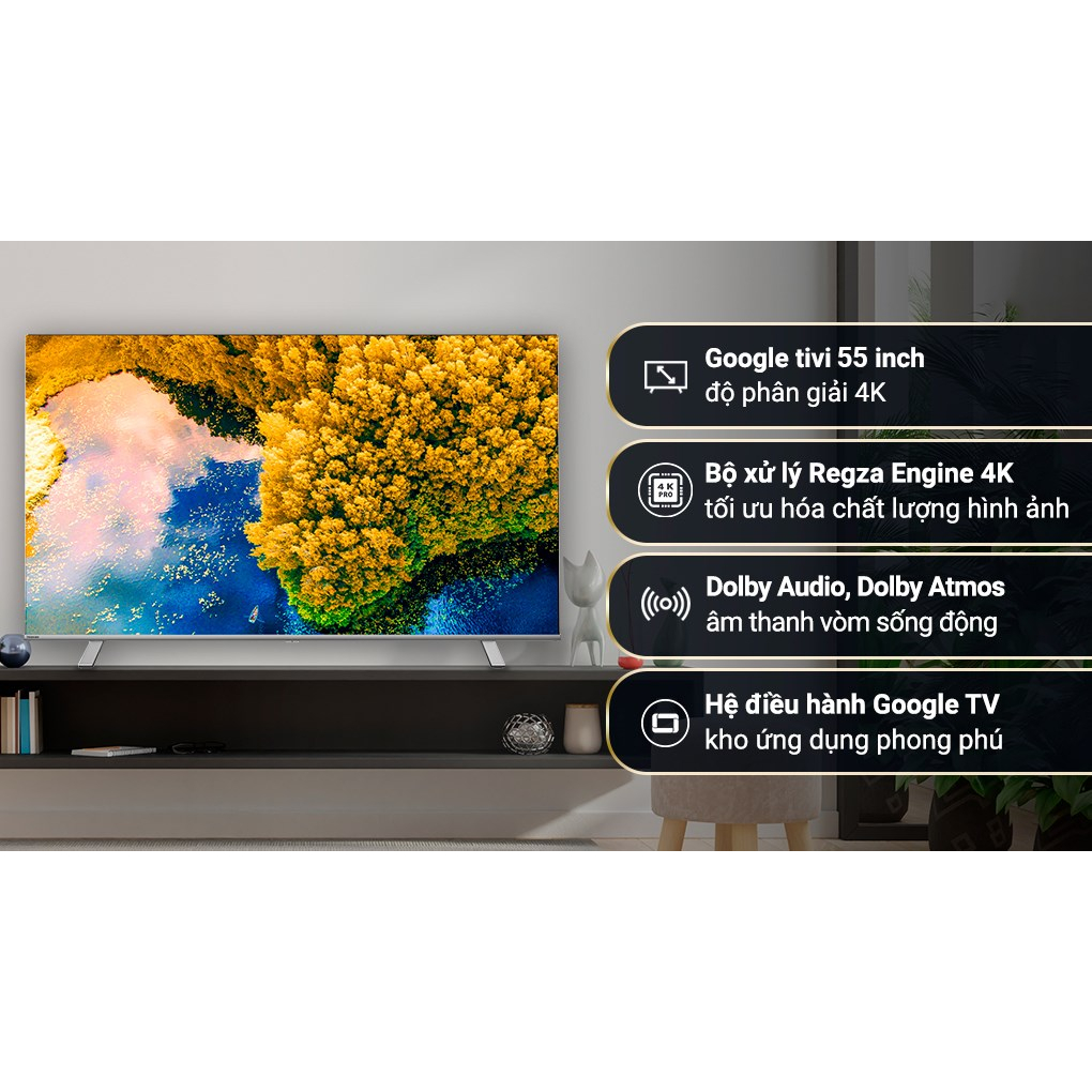 Smart TV TOSHIBA Google LED 4K  UHD tràn viền 55'' 55C350LP - Tìm kiếm bằng giọng nói - Bảo hành 2 năm
