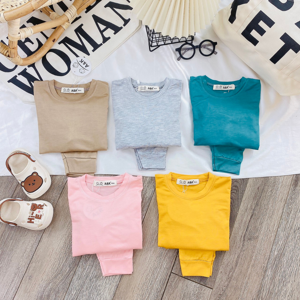 Bộ dài tay trơn bo nhẹ nhàng đơn giản, minky thun lạnh vải mềm mịn cho bé trai và bé gái M.tron3590