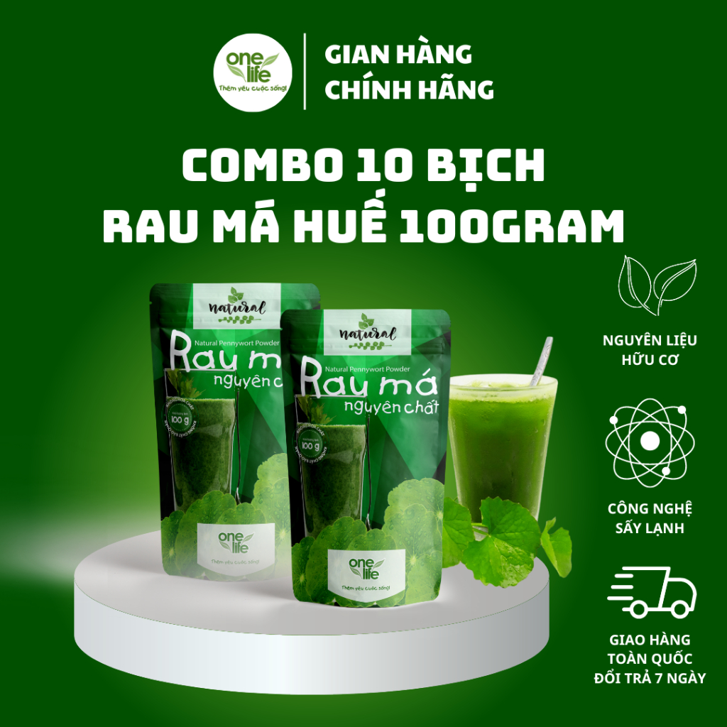 [GIẢM 25%] Combo 10 bịch x 100gr/ bịch Bột Rau má Huế sấy lạnh OneLife, nguyên chất không đường