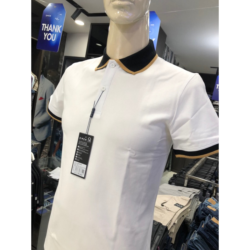 Áo polo owen màu trắng body fit vải cotton APV231382