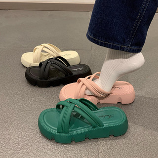 Dép quai ngang nữ 4 dây chéo FASHION quai cao su chống trơn trượt đế răng cưa cao 3cm
