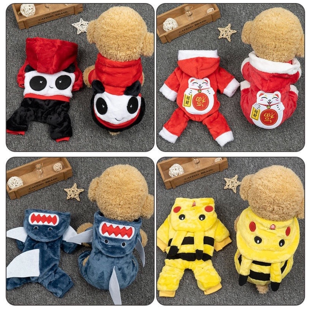 Quần áo nỉ bông cho chó mèo giữ ấm kèm mũ và túi đựng khóa kéo cao cấp