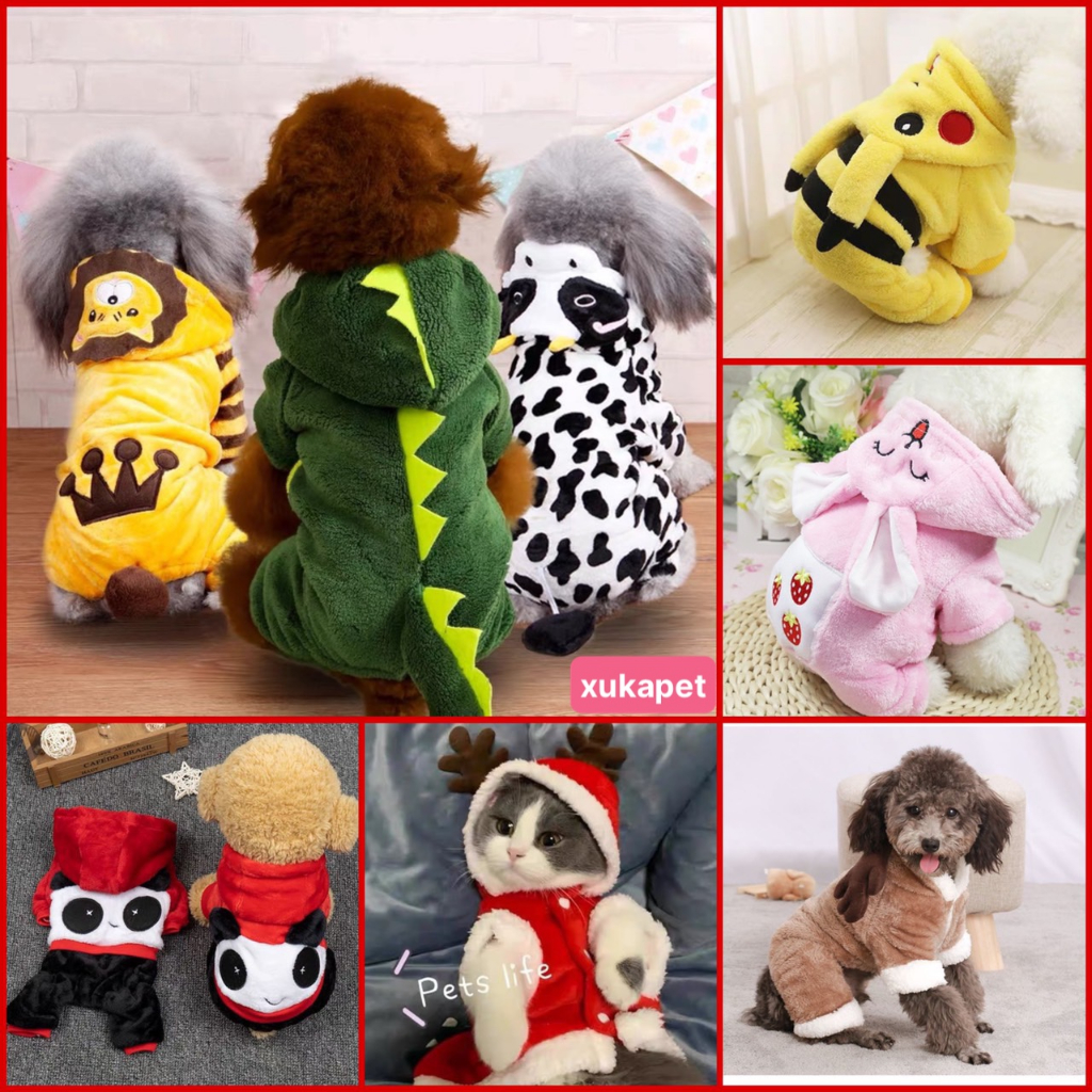 Quần áo nỉ bông cho chó mèo giữ ấm kèm mũ và túi đựng khóa kéo cao cấp
